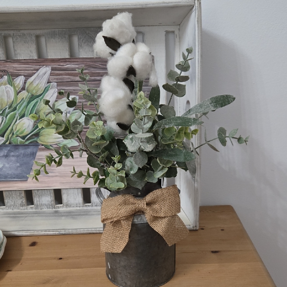 Rustic Cotton and Eucalyptus Arrangement in Metal Milk Can Vase